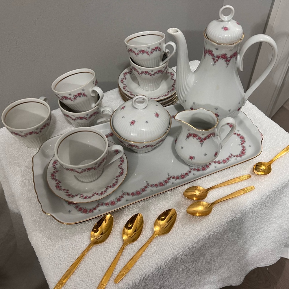J.L. MENAU German Porcelain 22 Piece White Pink Floral Demitasse Coffee Tea Set